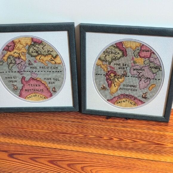 Vintage Framed Handmade Needlework Old World Map Embroidery Art Set of 2 - Picture 8 of 12